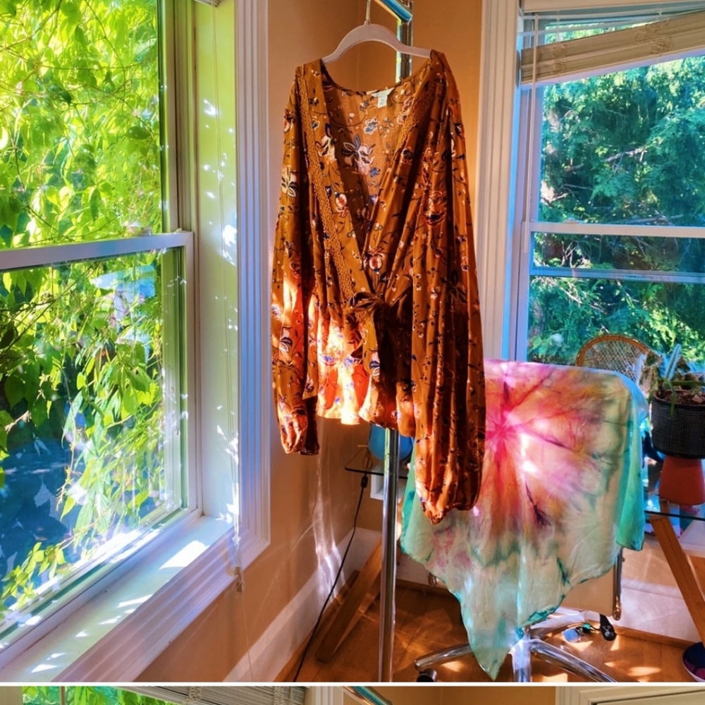 Mustard Orange Boho Wrap Tie Long Sleeve Top